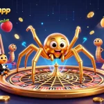 Permainan menarik bountygameapp menampilkan laba-laba emas yang berputar di atas roda roulette dengan elemen slot yang dinamis.