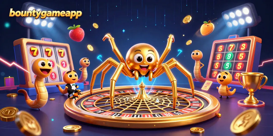 Permainan menarik bountygameapp menampilkan laba-laba emas yang berputar di atas roda roulette dengan elemen slot yang dinamis.