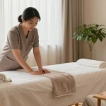 안양출장마사지 service setup with therapist, massage table, and calming environment.