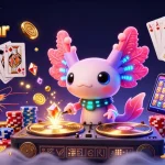 Cascade of actions at казино luckybear, featuring charismatic axolotl DJ and shimmering coins.
