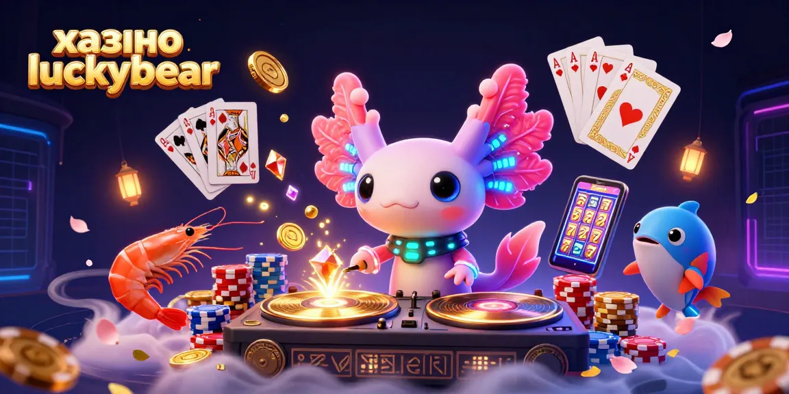 Cascade of actions at казино luckybear, featuring charismatic axolotl DJ and shimmering coins.
