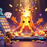 Experience the thrill of sun win with vibrant slots, gems, and golden treasures erupting from the animated volcano.