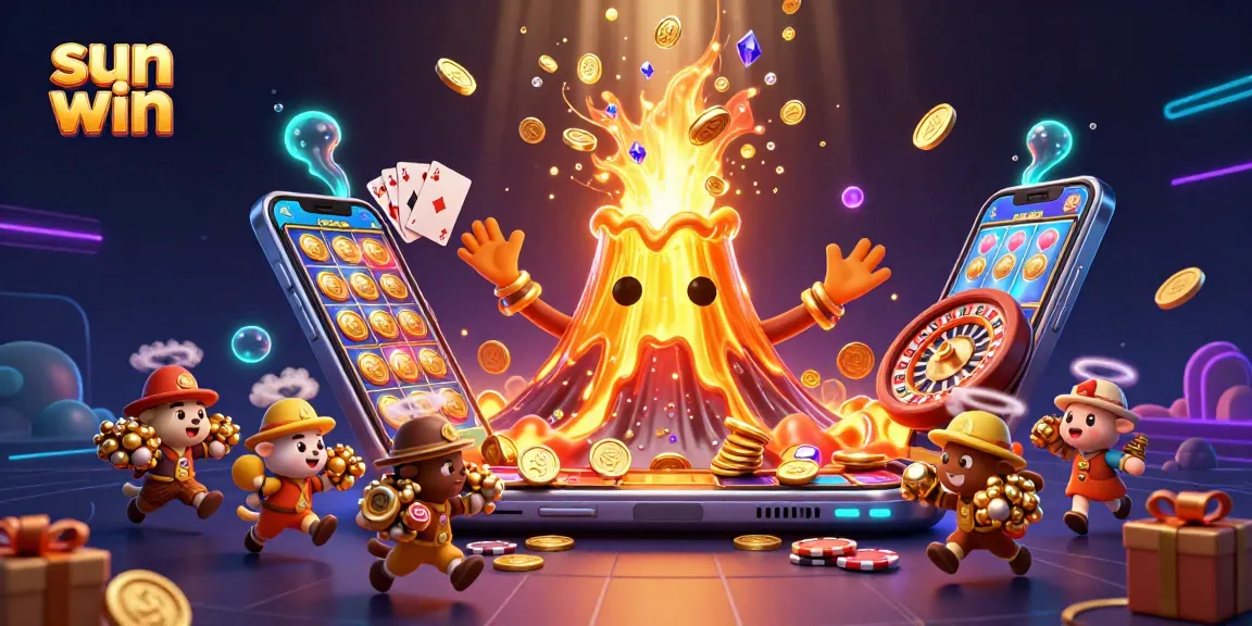 Experience the thrill of sun win with vibrant slots, gems, and golden treasures erupting from the animated volcano.