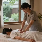 Relaxing home massage therapy session illustrating the convenience of 종로출장안마 services with a professional therapist and calming atmosphere.