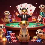 Des suricates gèrent un casino en ligne plein d'énergie, avec des jeux de cartes et de poker.