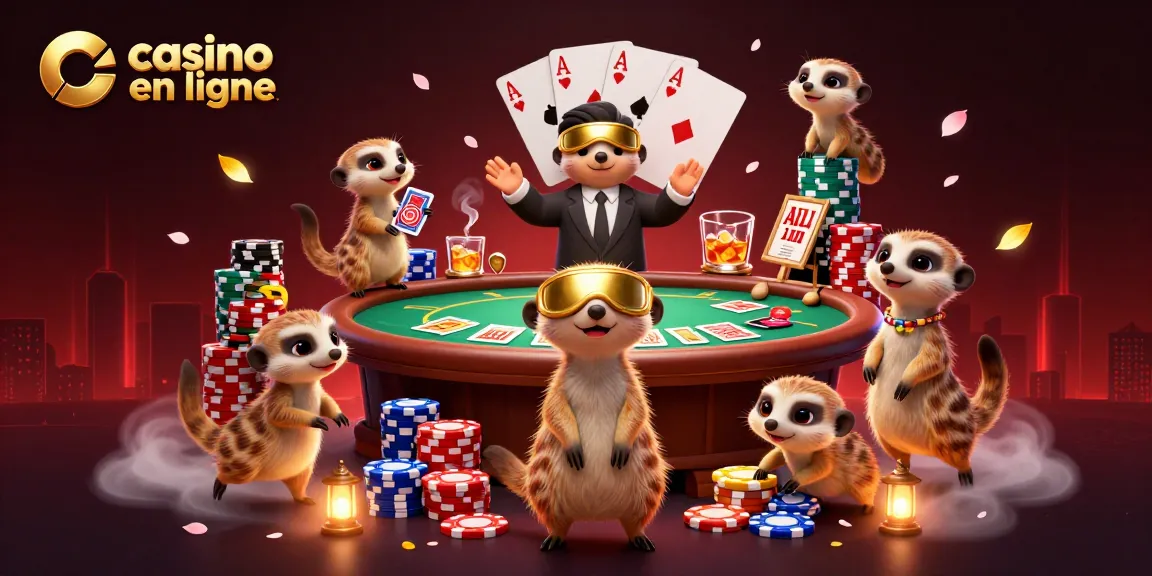 Des suricates gèrent un casino en ligne plein d'énergie, avec des jeux de cartes et de poker.
