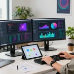 Software engineer coding NAGA2000 on dual monitors in a modern office