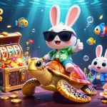 Illustration colorée de casino en ligne avec un lapin chanceux et une tortue se déplaçant dans un monde sous-marin.