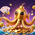Faites l'expérience du casino en ligne avec un kraken doré entouré de pièces et de jeux.