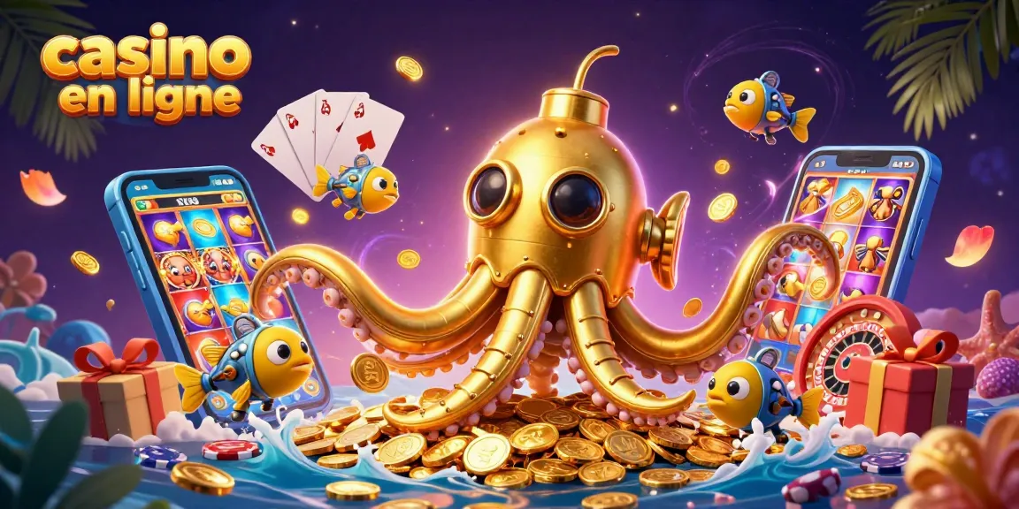 Faites l'expérience du casino en ligne avec un kraken doré entouré de pièces et de jeux.