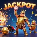 Jouez sur casino en ligne avec un scarabée en armure célébrant un jackpot autour de machines à sous.