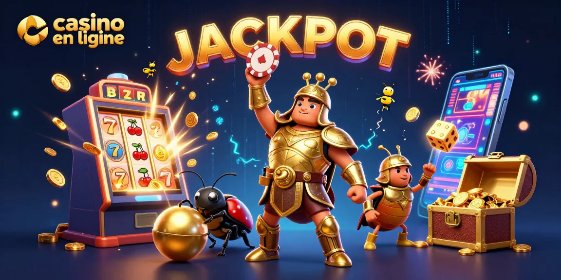 Jouez sur casino en ligne avec un scarabée en armure célébrant un jackpot autour de machines à sous.