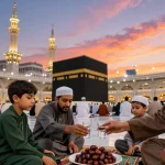 Umroh Itikaf travel experience at Masjidil Haram, vibrant sunset, cultural immersion.