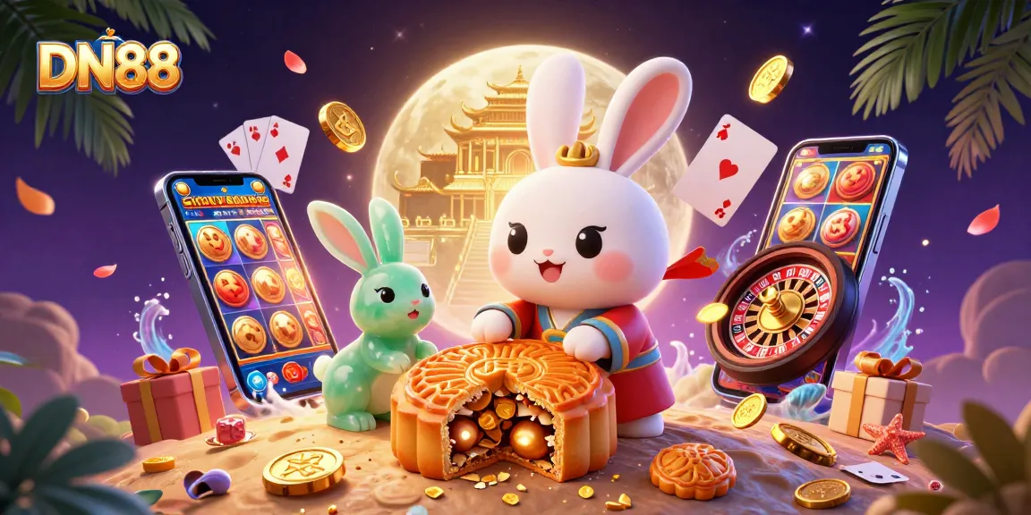 Experience thrilling gaming with DN88’s moon rabbit and vibrant casino elements.