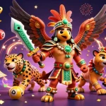 Engage with bolaslot99's vibrant scene featuring lottery balls, a spinning prize wheel, and energetic Aztec warrior characters.