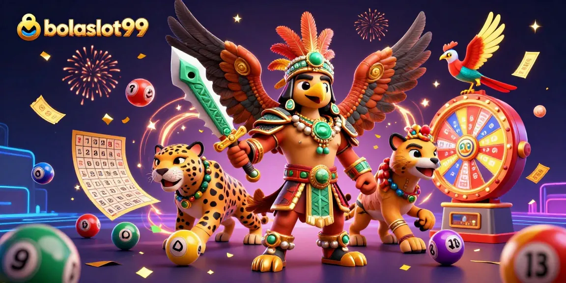 Engage with bolaslot99's vibrant scene featuring lottery balls, a spinning prize wheel, and energetic Aztec warrior characters.