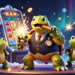 Illustration de casino en ligne avec une tortue et des grenouilles, machine à sous et lumières dynamiques.