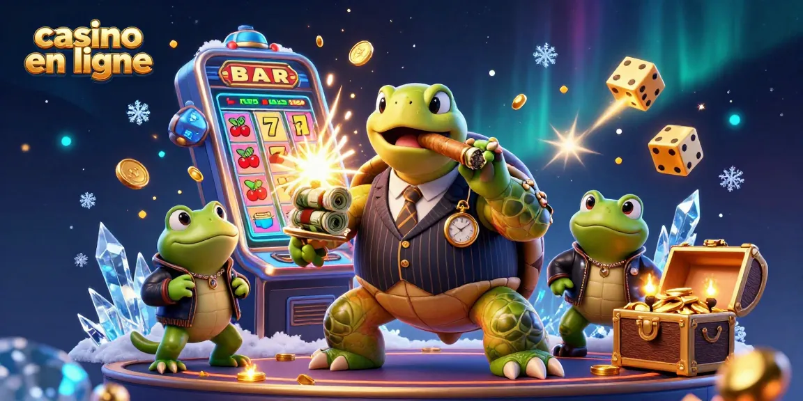 Illustration de casino en ligne avec une tortue et des grenouilles, machine à sous et lumières dynamiques.