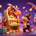 Engage with rr88 com as a dinosaur character interacts with a jackpot slot machine amid flying coins and casino elements