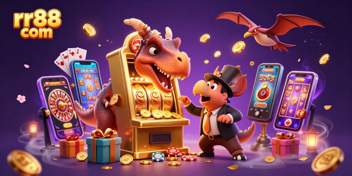 Engage with rr88 com as a dinosaur character interacts with a jackpot slot machine amid flying coins and casino elements