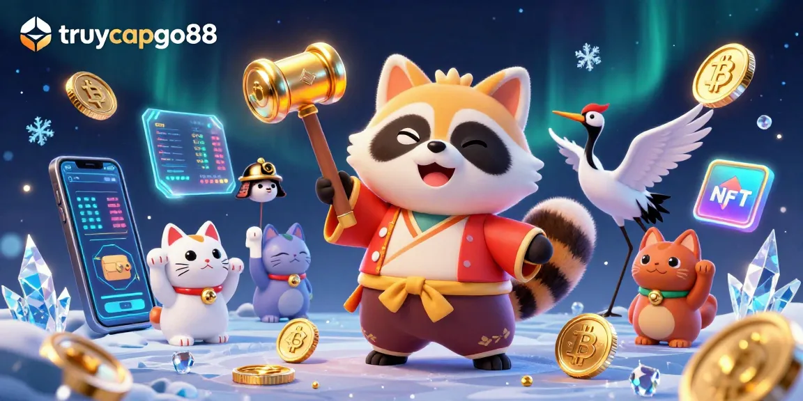 Join the excitement at truycapgo88 with cheerful tanuki and fortune cats in a vibrant casino scene.