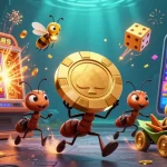 Engaging ants navigating a casino heist with a golden poker chip, showcasing online casinos.