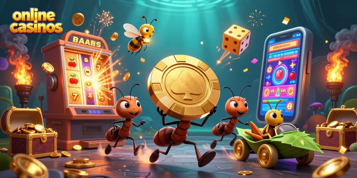 Engaging ants navigating a casino heist with a golden poker chip, showcasing online casinos.