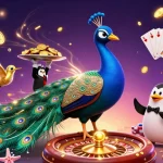 Jouer au casino en ligne avec un paon majestueux et un pingouin serviteur au milieu d'effets scintillants.