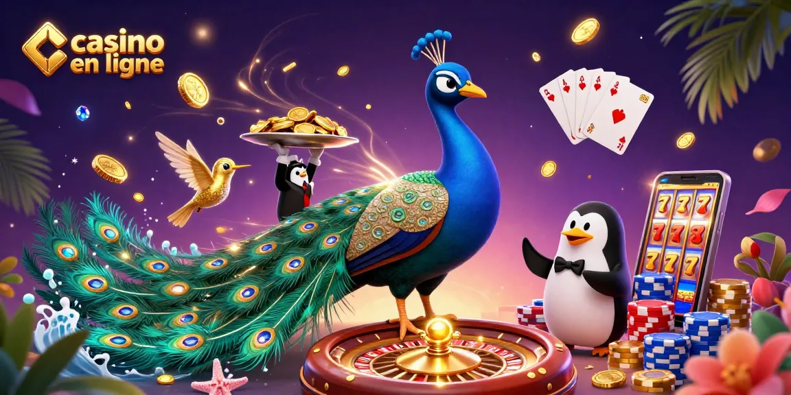 Jouer au casino en ligne avec un paon majestueux et un pingouin serviteur au milieu d'effets scintillants.
