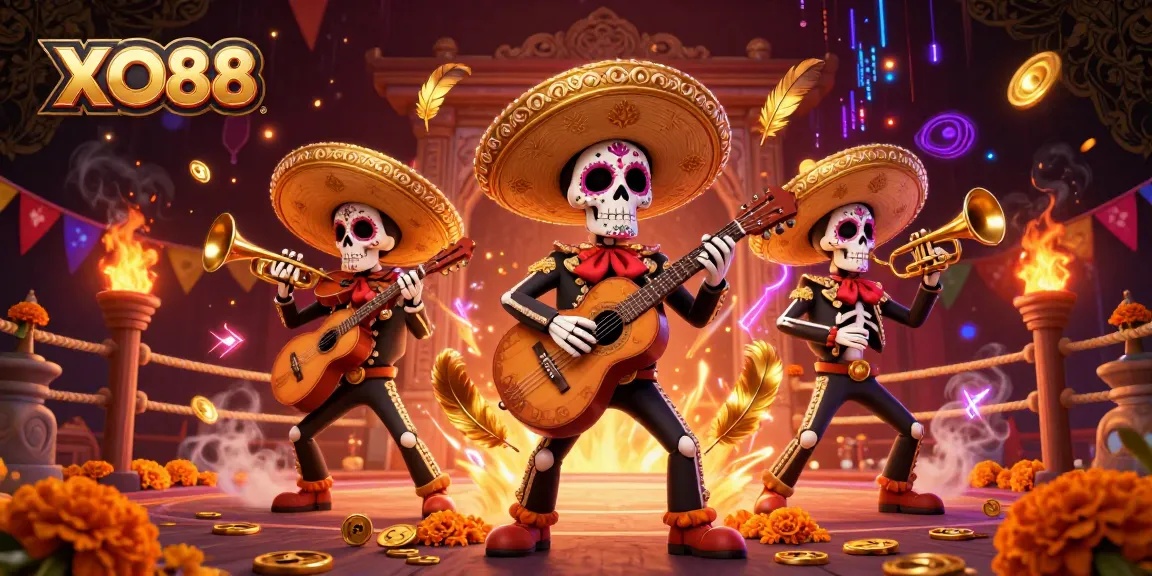 Experience the vibrant energy of XO88 with a lively mariachi band amidst gold coins and festive effects.
