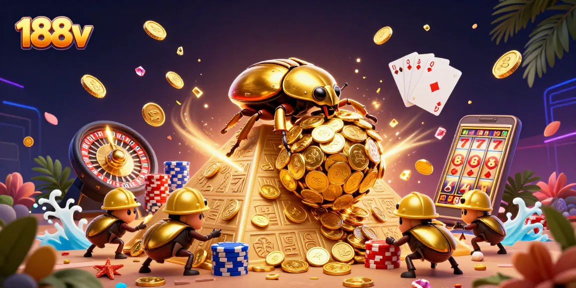 188v presents a vibrant scene of cartoon beetles celebrating casino wins with coins and game symbols.