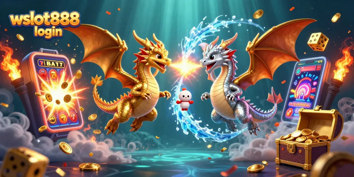 Mencoba strategi bermain di wslot888 login dengan ilustrasi dua naga terbang dan mesin slot 3D