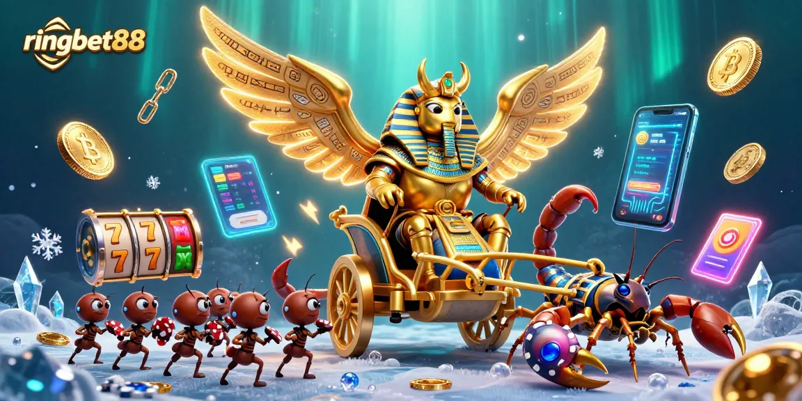 Win big with ringbet88 in a thrilling gaming scene featuring a golden scarab and rich slot elements.