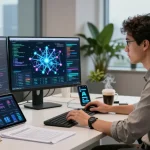 Data scientist analyzing AI algorithms in a modern workspace, showcasing how does AI work.