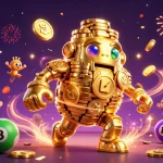Visualisez le site de paris sportif avec un golem doré, ballons de loterie, et une ambiance festive.
