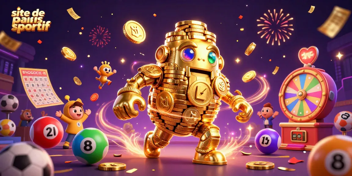 Visualisez le site de paris sportif avec un golem doré, ballons de loterie, et une ambiance festive.