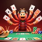 Playgamebanca showcases a vibrant poker scene with a unique millipede dealer and colorful chips.
