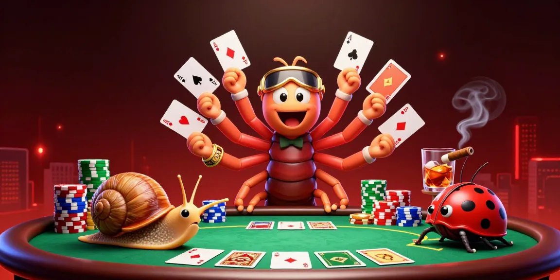 Playgamebanca showcases a vibrant poker scene with a unique millipede dealer and colorful chips.