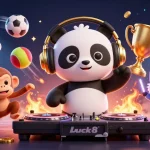 Join the fun at Luck8 with a DJ panda, dancing monkey, and rave kitten in this vibrant casino scene.