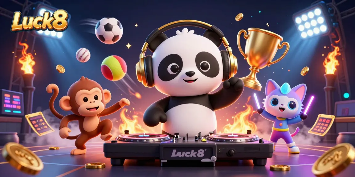 Join the fun at Luck8 with a DJ panda, dancing monkey, and rave kitten in this vibrant casino scene.