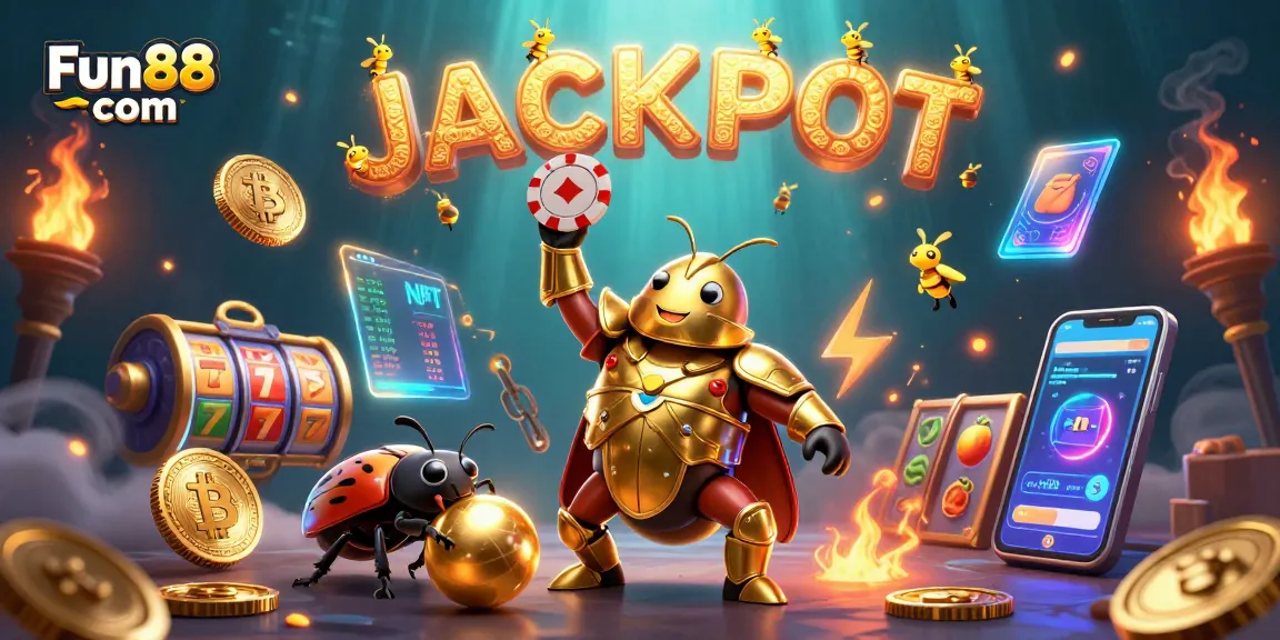 Join the Fun88 com festivities as the heroic beetle triumphantly raises a poker chip, amidst thrilling spins and jackpots.
