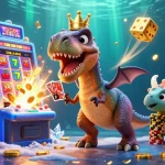 Découvrez un monde de casino en ligne captivant avec un T-Rex jouant aux cartes.