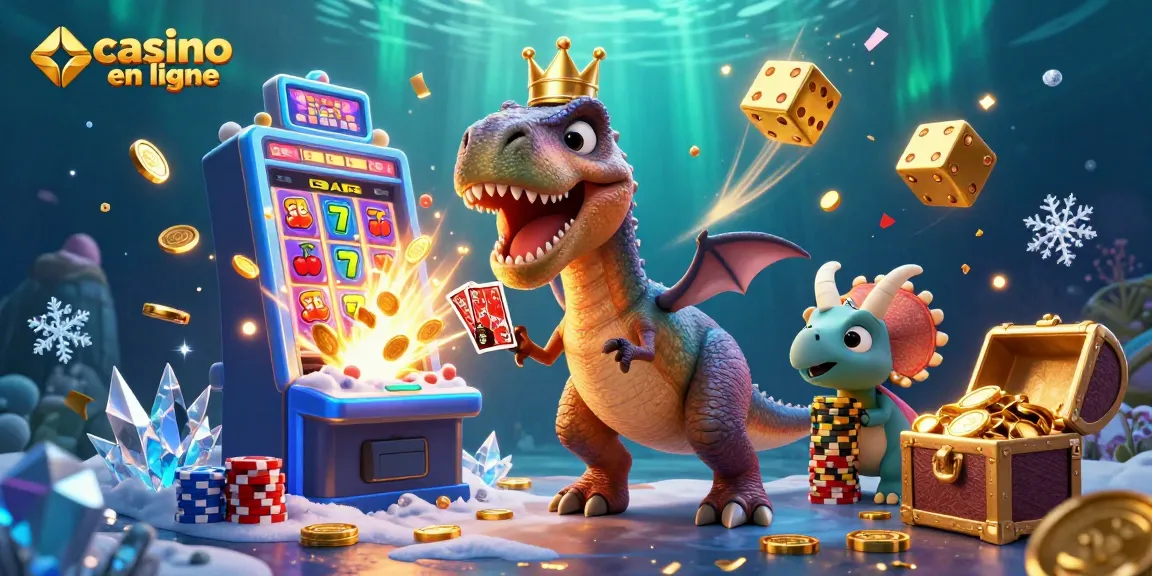 Découvrez un monde de casino en ligne captivant avec un T-Rex jouant aux cartes.