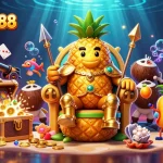 Bolaslot88 promotes thrilling gambling with a golden pineapple king, showcasing vibrant slot games and ocean treasures.