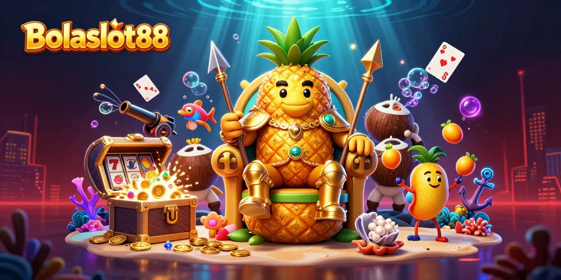 Bolaslot88 promotes thrilling gambling with a golden pineapple king, showcasing vibrant slot games and ocean treasures.