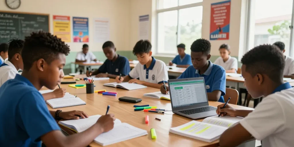 Students studying with the 2026 WAEC timetable visible on a laptop screen in a bright classroom.