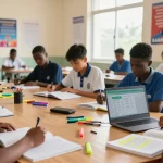 Students studying with the 2026 WAEC timetable visible on a laptop screen in a bright classroom.