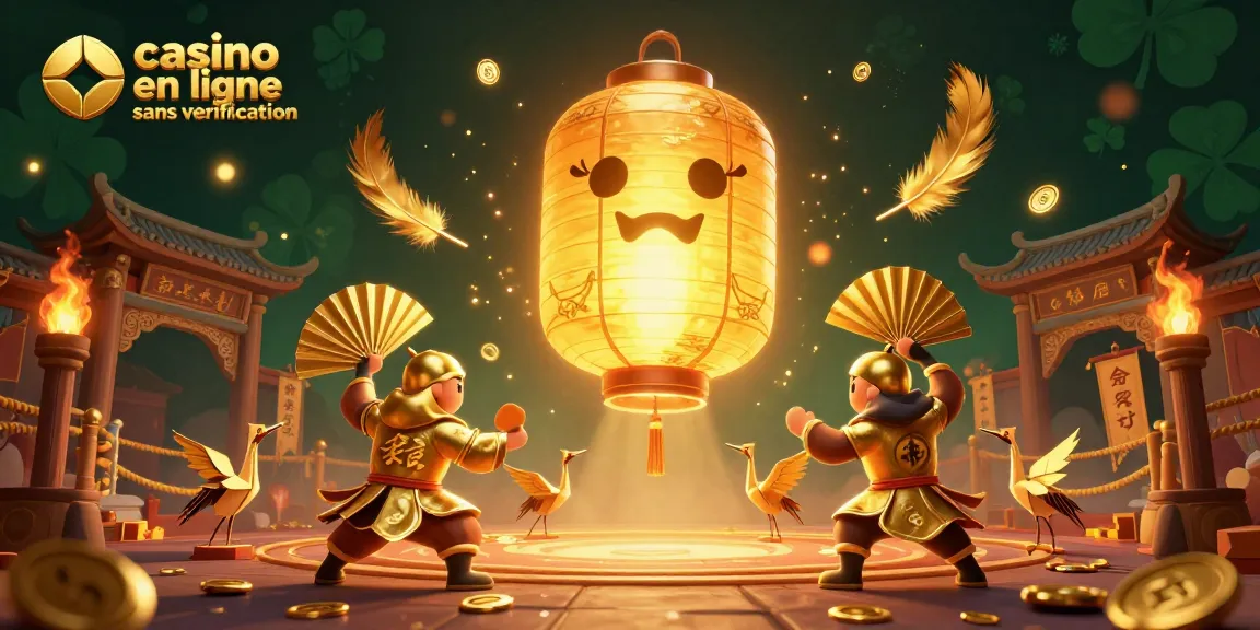 Illustration dynamique d'un casino en ligne sans vérification avec esprit lantern, guerriers et éléments de jeu, atmosphère luxueuse.