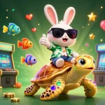 Rencontrez le nouveau casino en ligne avec un lapin chanceux en 3D et une tortue dorée, entourés de machines à sous.