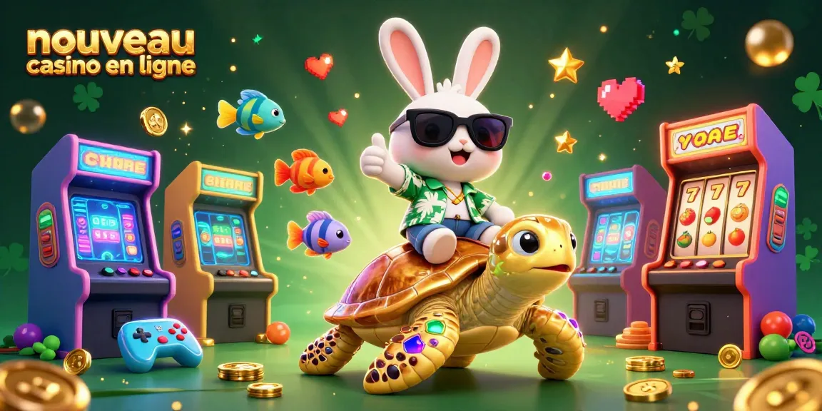 Rencontrez le nouveau casino en ligne avec un lapin chanceux en 3D et une tortue dorée, entourés de machines à sous.